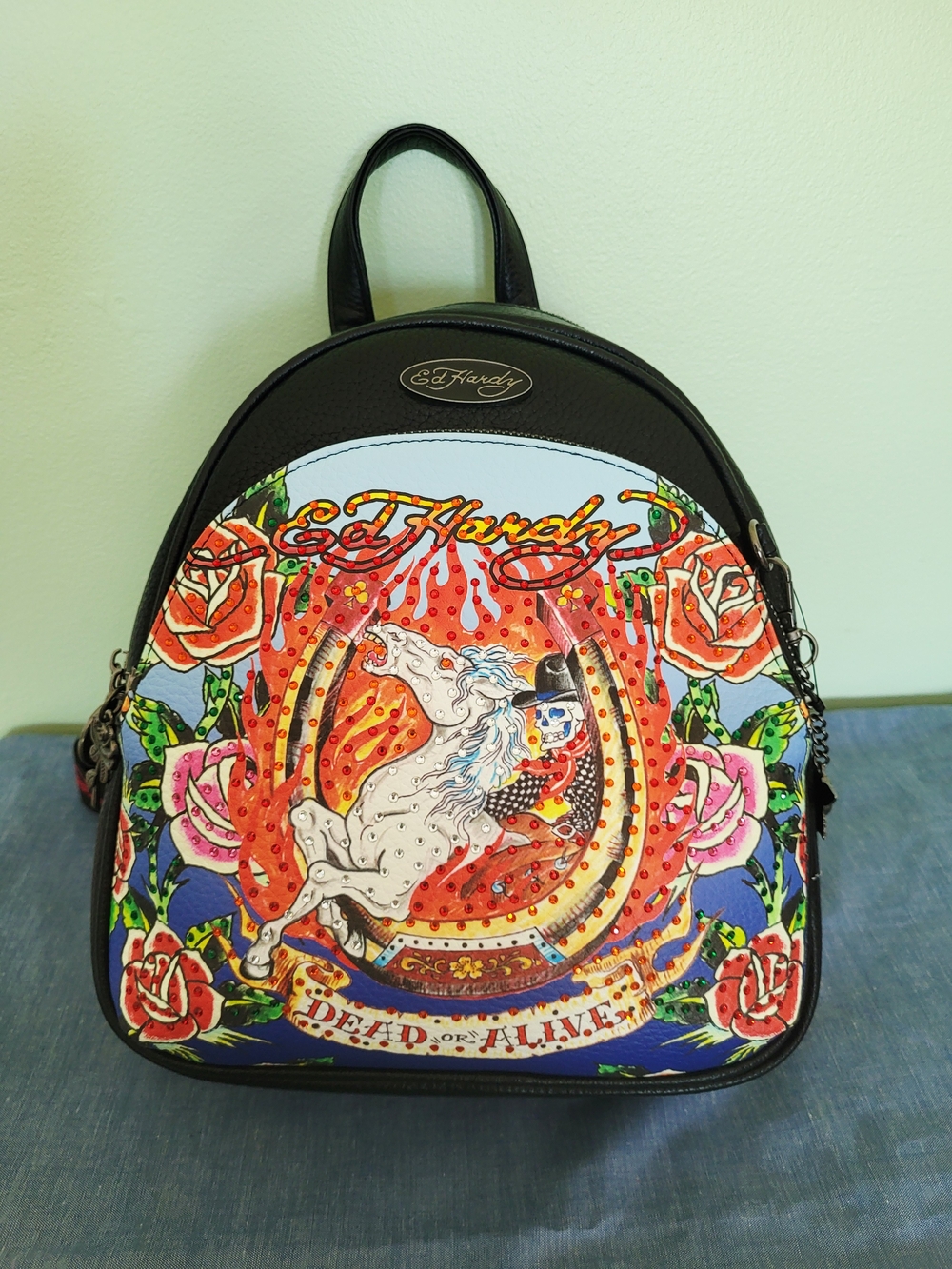 Ed Hardy Tattoo Mini Backpack Dead or Alive Skull Horse Rhinestone Roses NWT